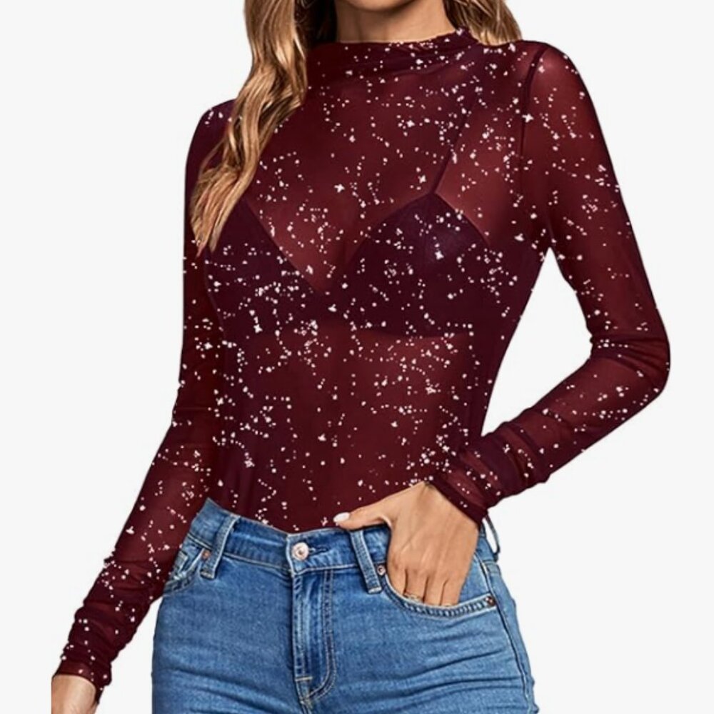 Women's Sheer Mesh Mock Neck Long Sleeve Slim Fit Glitter Stars Shirt-S Bust 33"